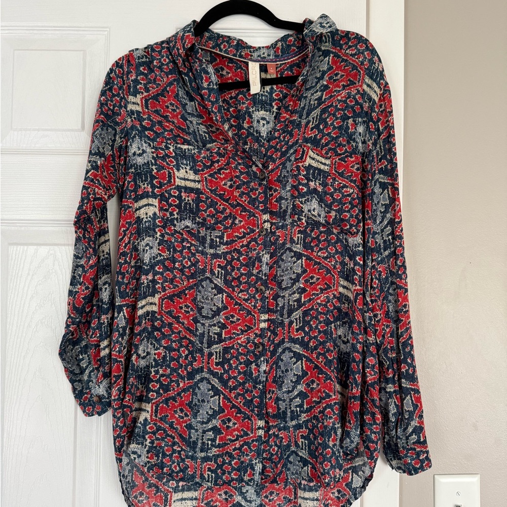 Anthropologie Pilcro Leilani Blue Red Long Sleeve Button Top